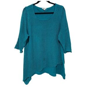 Eileen Fisher 1X Teal Blue 100% Linen Sweater Layered Tunic Asymmetric Lagenlook
